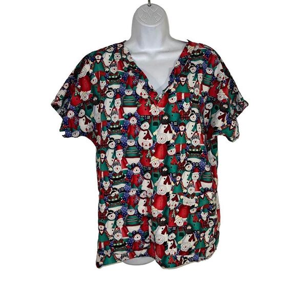 Landau Women's Snowman Scrub Top M Red Green - Picture 1 of 5
